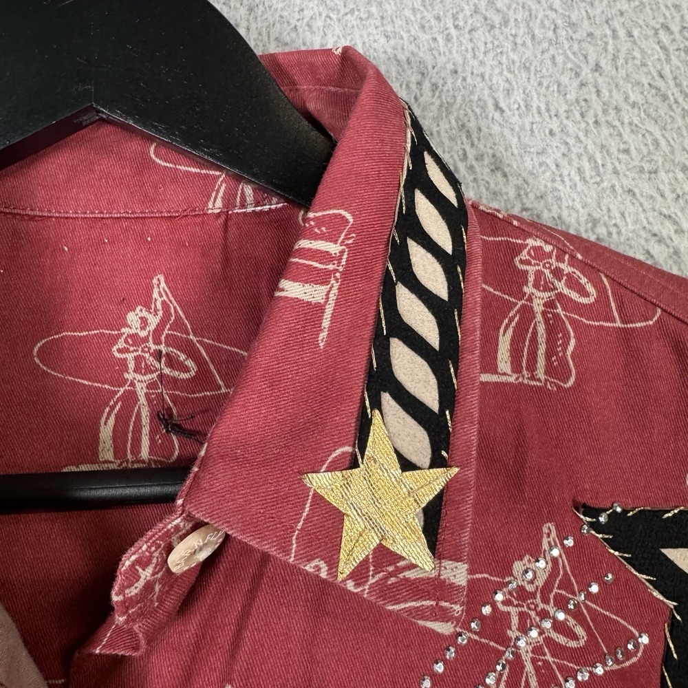 Barn Fly Shirt Womens Medium Western Rodeo Fringe Rockabilly Hand Made Art AOP - Picture 4 of 16